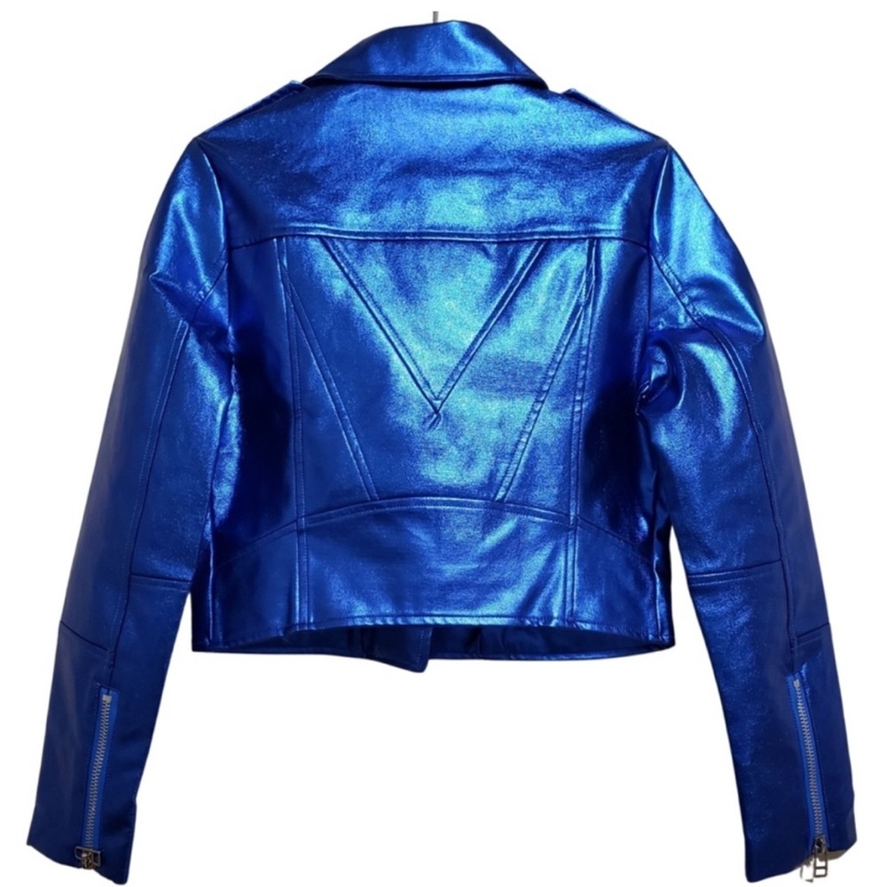 NWT 7 For All Mankind Faux Electric METALLIC Blue Moto / Biker Jacket Sz… - Picture 15 of 16